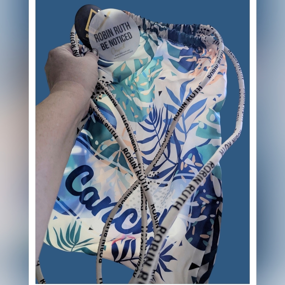 Robin Ruth Leafy Blue and White Pullstring Backpack/ Bag. Cancun Theme. NWT